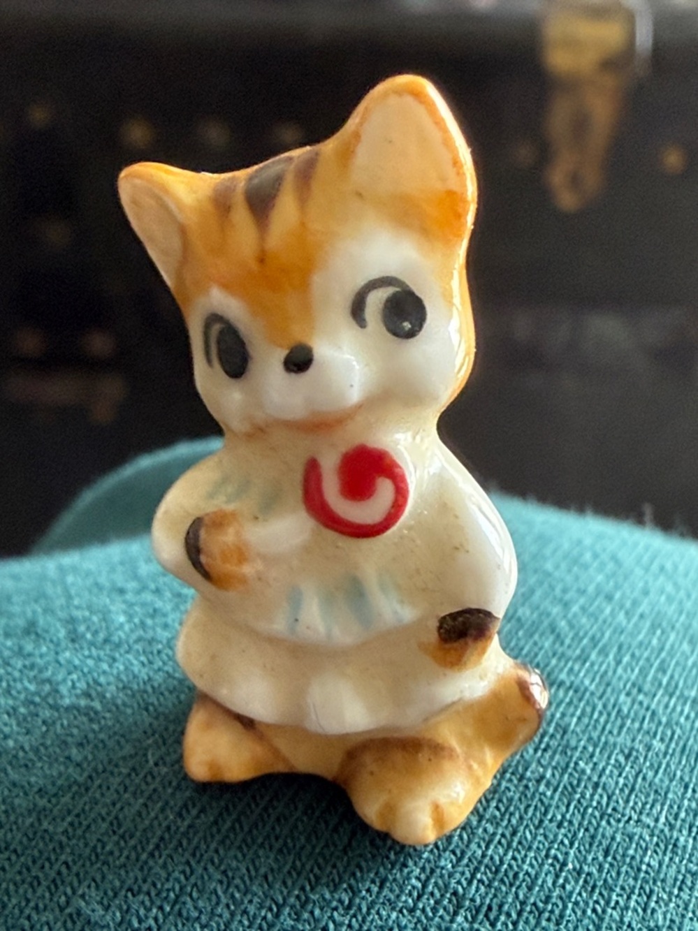 Vintage 1” Ceramic Orange and White Tabby Kitty with Lollipop Mini Figurine